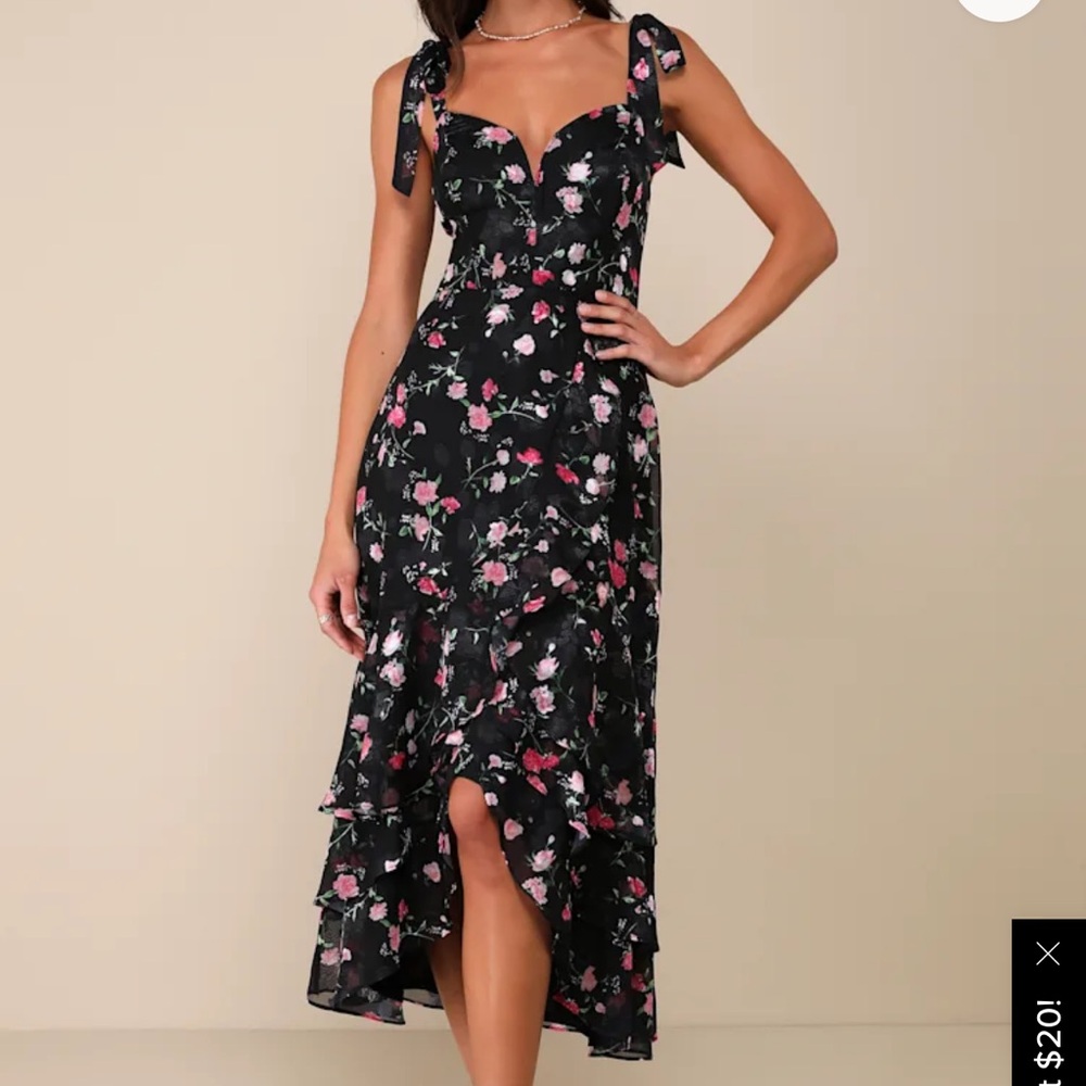 Lulu's Black Floral Midi Dress with Pink Roses
